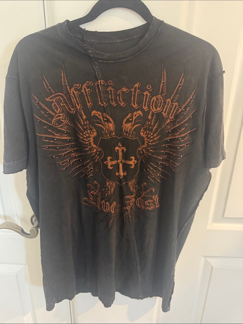 Affliction Black Tee with Copper Wing Crest Graphic